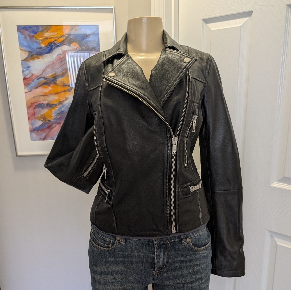 NWT Women's Superdry Black Lambskin Distressed Moto Jacket-Size US 6 / UK 10
